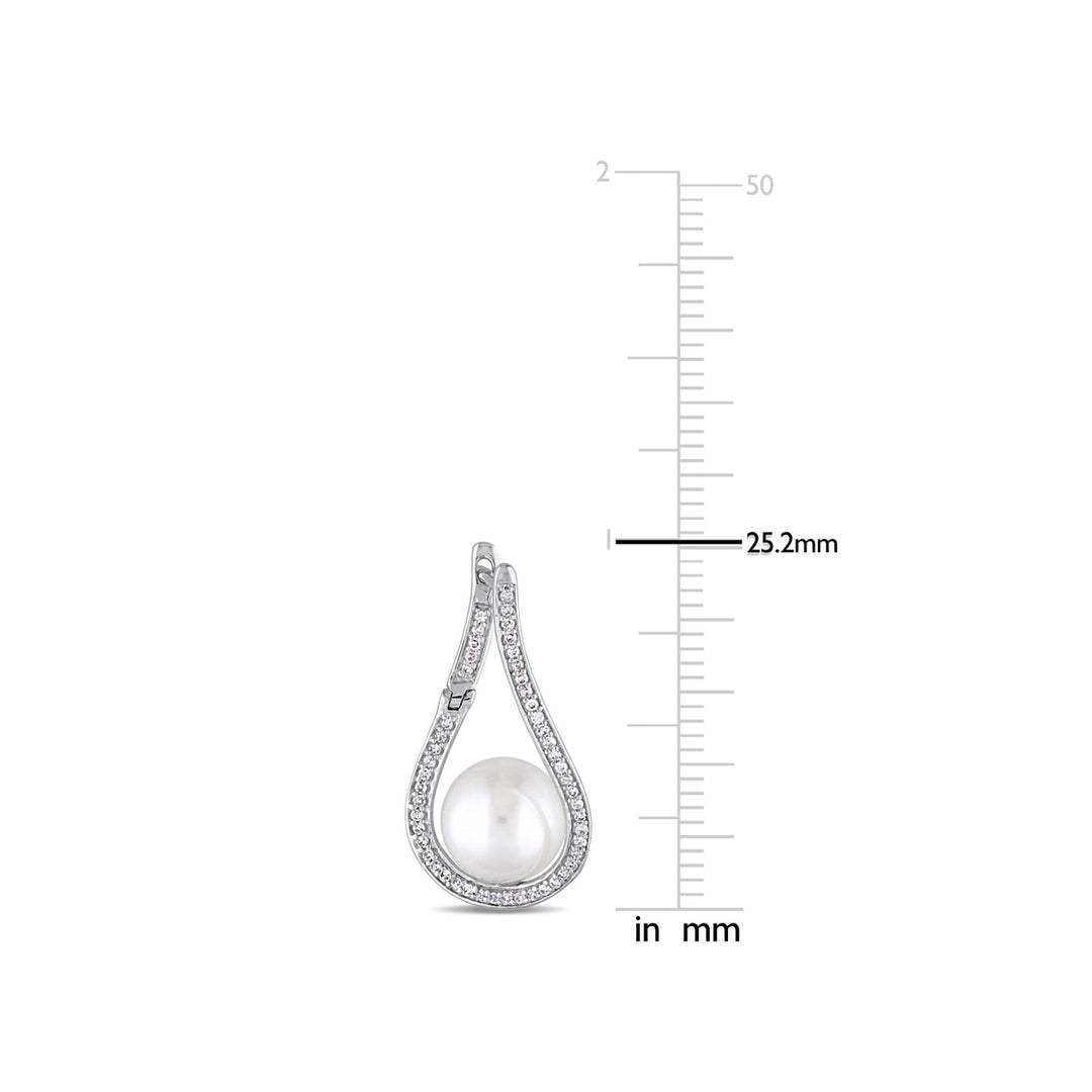 9-9.5mm Freshwater Cultured Pearl and 1/3 Carat (ctw) Diamond Drop Earrings in 14K White Gold Image 3