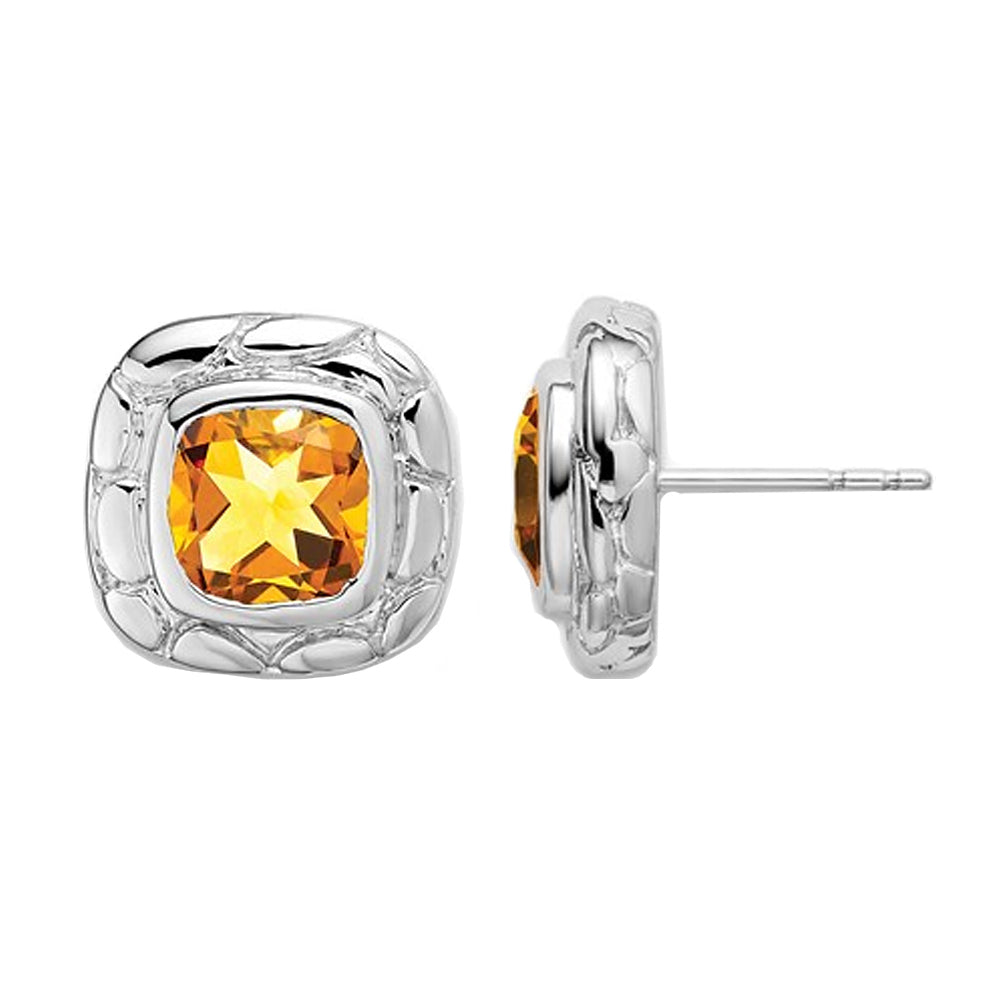 4.00 Carat (ctw) Cushion Cut Citrine Button Post Earrings in Sterling Silver Image 1