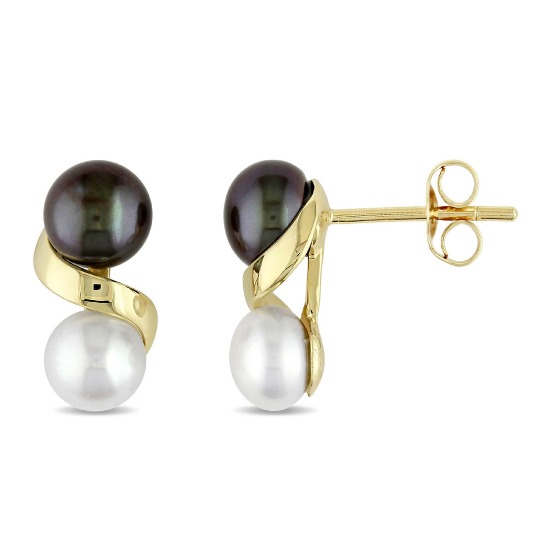5.5-6 mm Black and White Cultured Freshwater Pearl Earrings in 10K Yellow Gold Image 1
