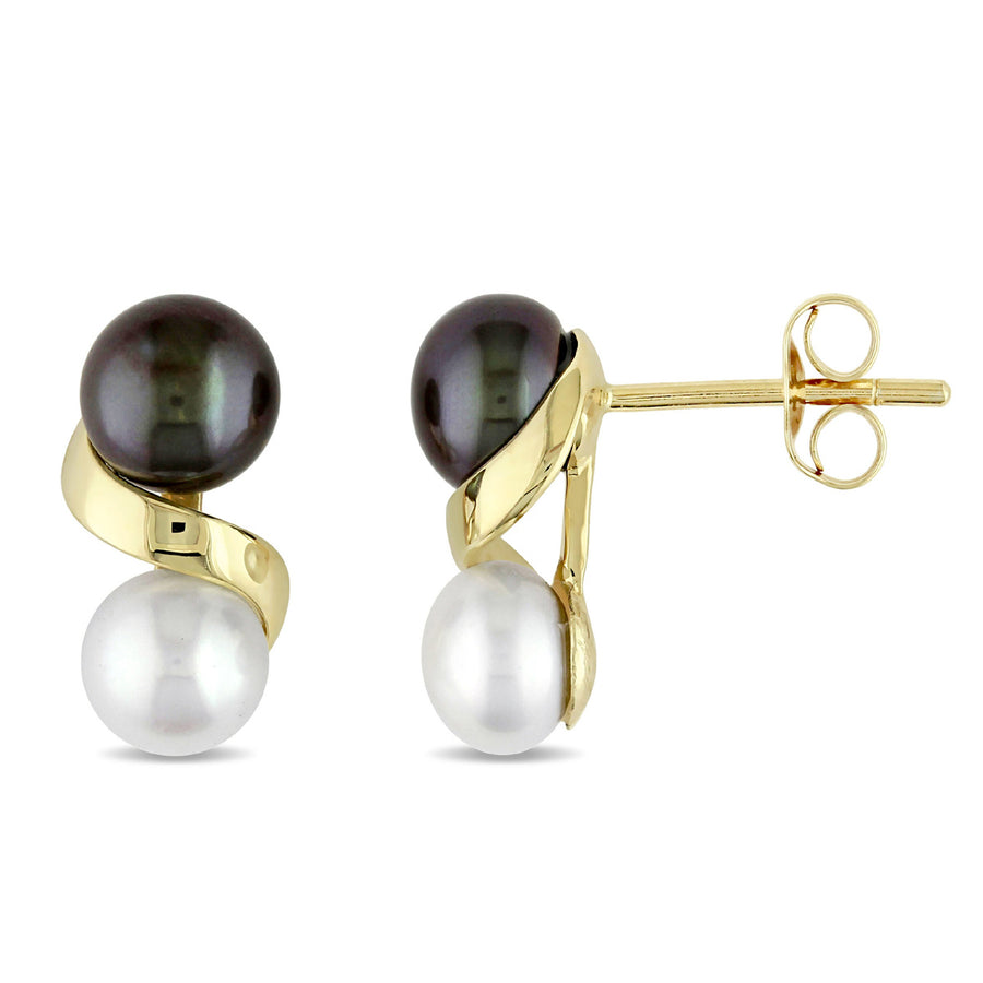 5.5-6 mm Black and White Cultured Freshwater Pearl Earrings in 10K Yellow Gold Image 1