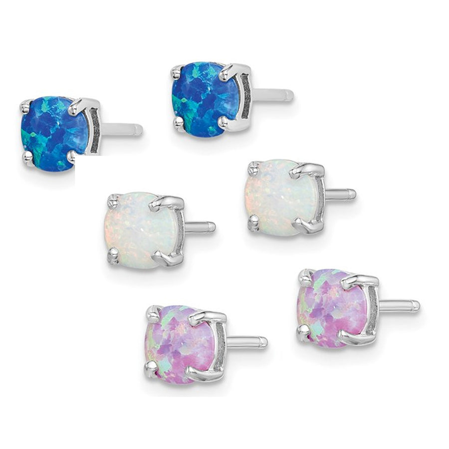 Set of Three Pairs Lab-Created Opal Solitaire Earrings 4mm in Sterling Silver Image 1