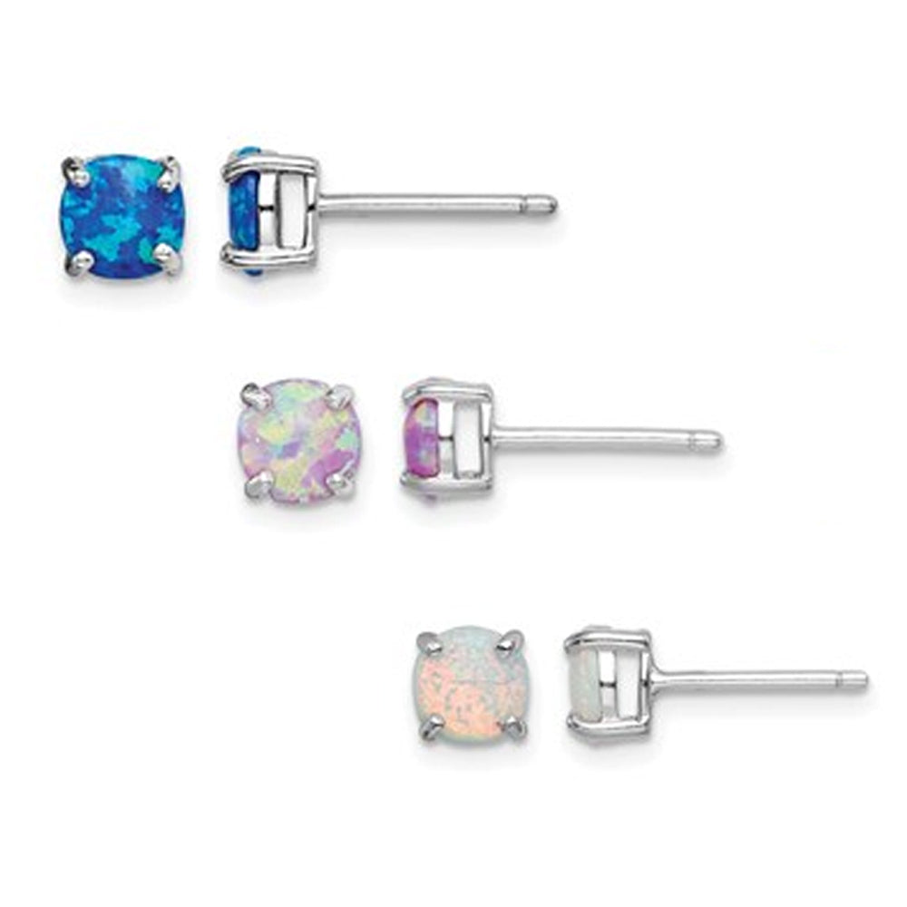 Set of Three Pairs Lab-Created Opal Solitaire Earrings 4mm in Sterling Silver Image 2