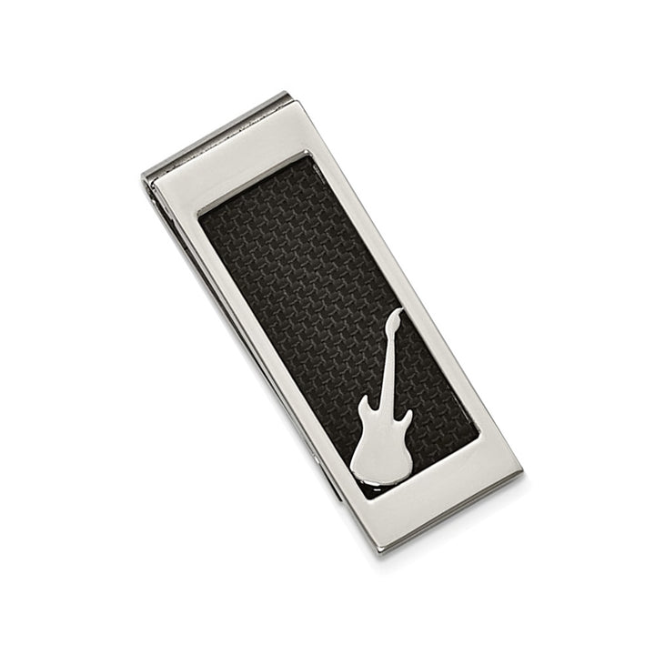 Mens Stainless Steel Black Carbon Fiber Money Clip with Guitar Image 1