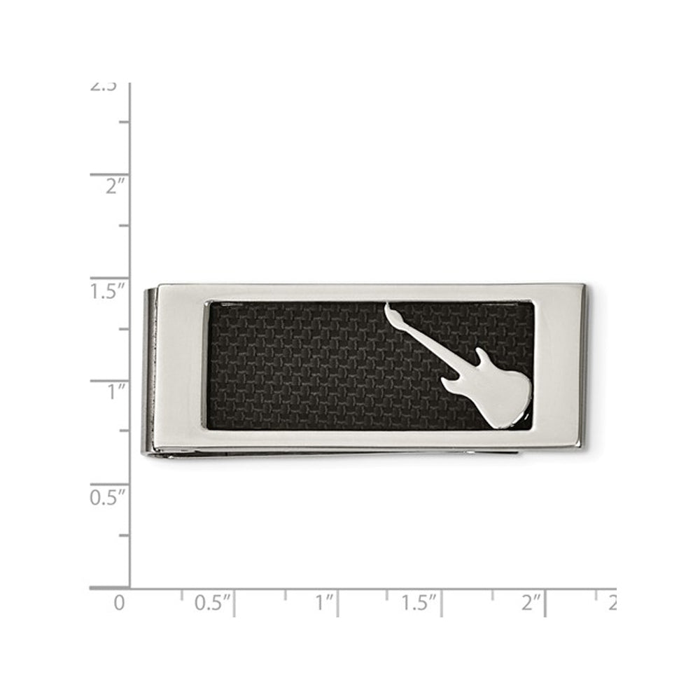 Mens Stainless Steel Black Carbon Fiber Money Clip with Guitar Image 2