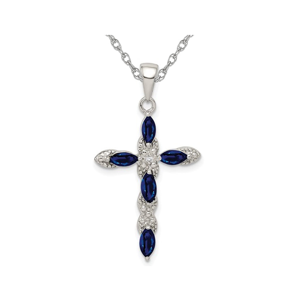 9/10 Carat (ctw) Natural Dark Blue Sapphire Cross Pendant Necklace in Sterling Silver with Chain Image 1