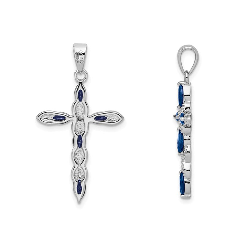 9/10 Carat (ctw) Natural Dark Blue Sapphire Cross Pendant Necklace in Sterling Silver with Chain Image 3