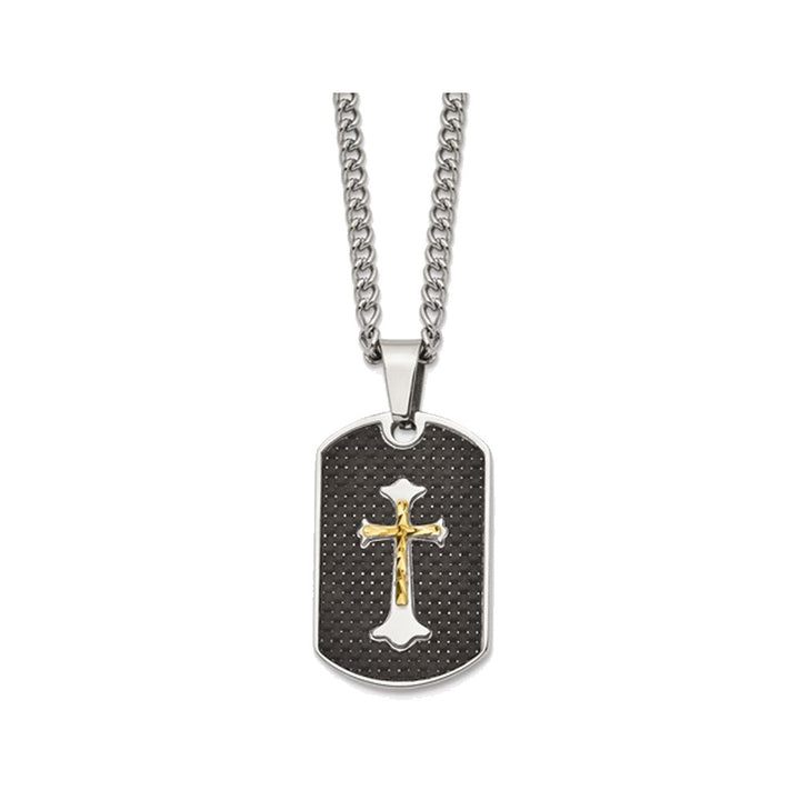 Mens Black Carbon Fiber Dog Tag Cross Pendant Necklace in Stainless Steel with Chain Image 1