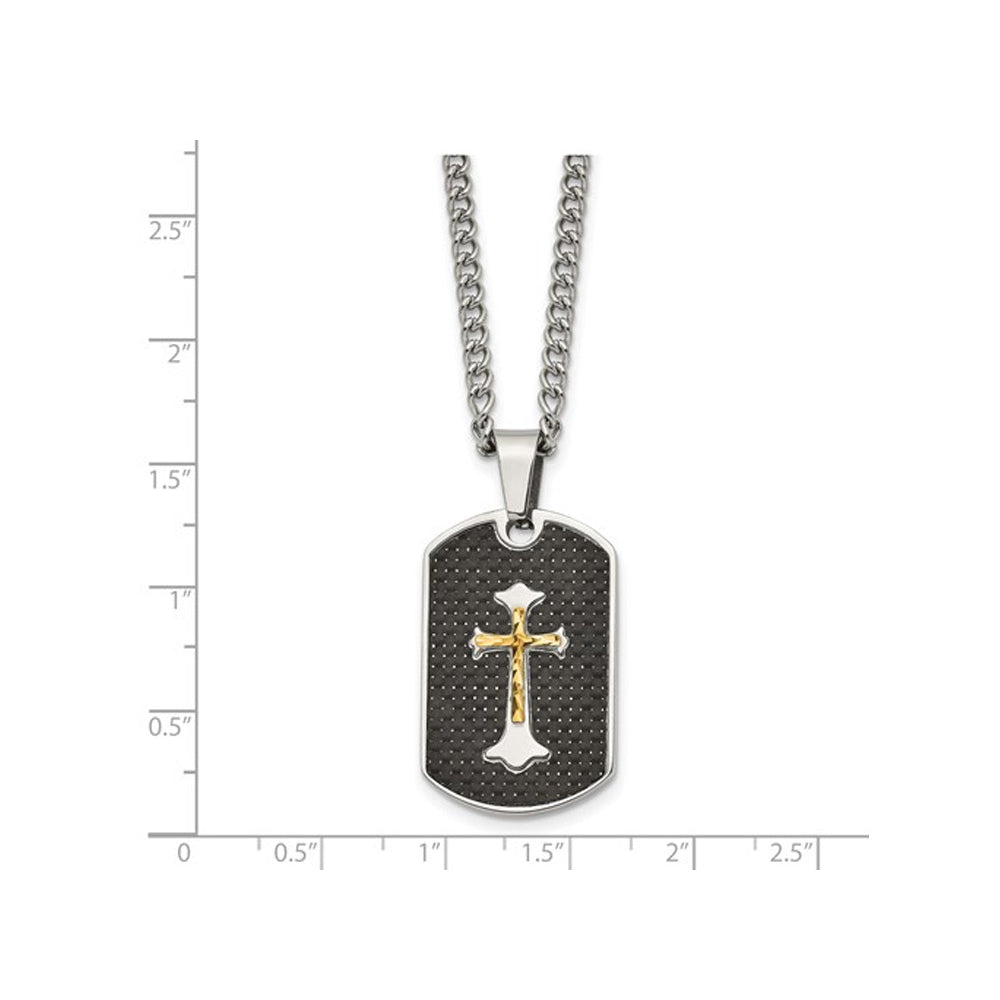 Mens Black Carbon Fiber Dog Tag Cross Pendant Necklace in Stainless Steel with Chain Image 2