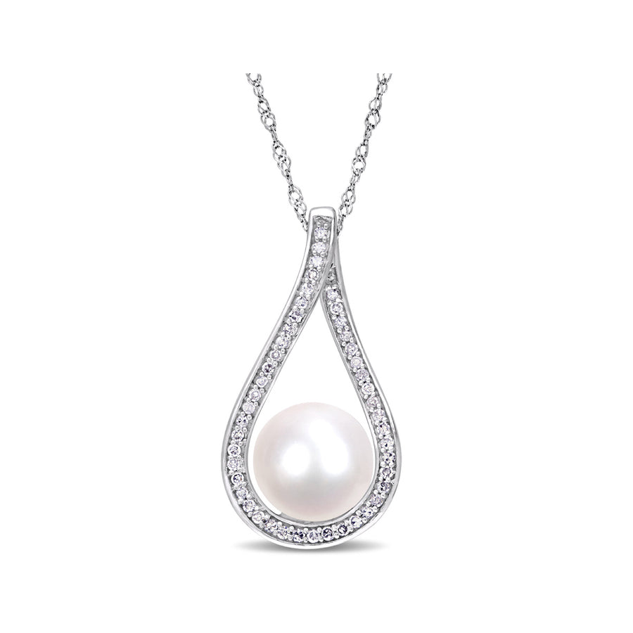 9-9.5mm White Freshwater Cultured Pear and Diamond Pendant Necklace in 14K White Gold with Chain Image 1