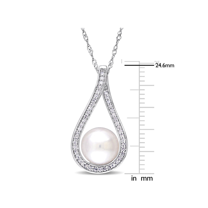 9-9.5mm White Freshwater Cultured Pear and Diamond Pendant Necklace in 14K White Gold with Chain Image 2