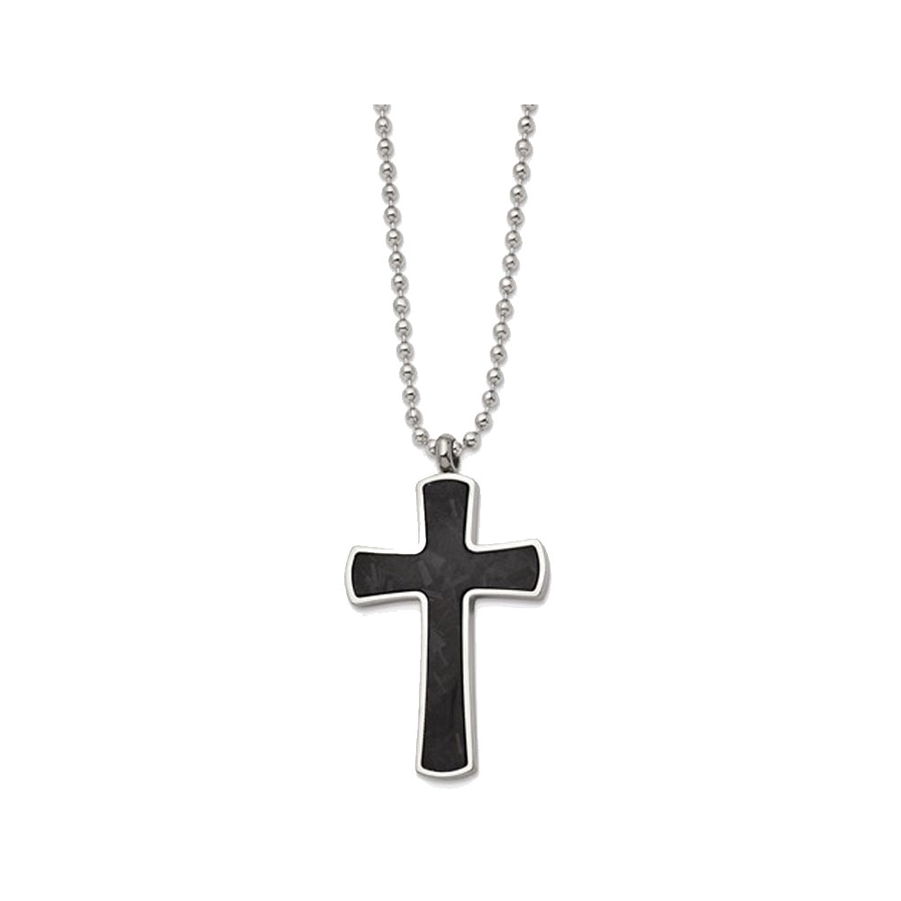 Mens Titanium Hammered Carbon-Fiber Reversible Cross Pendant Necklace with Ball Chain Image 2