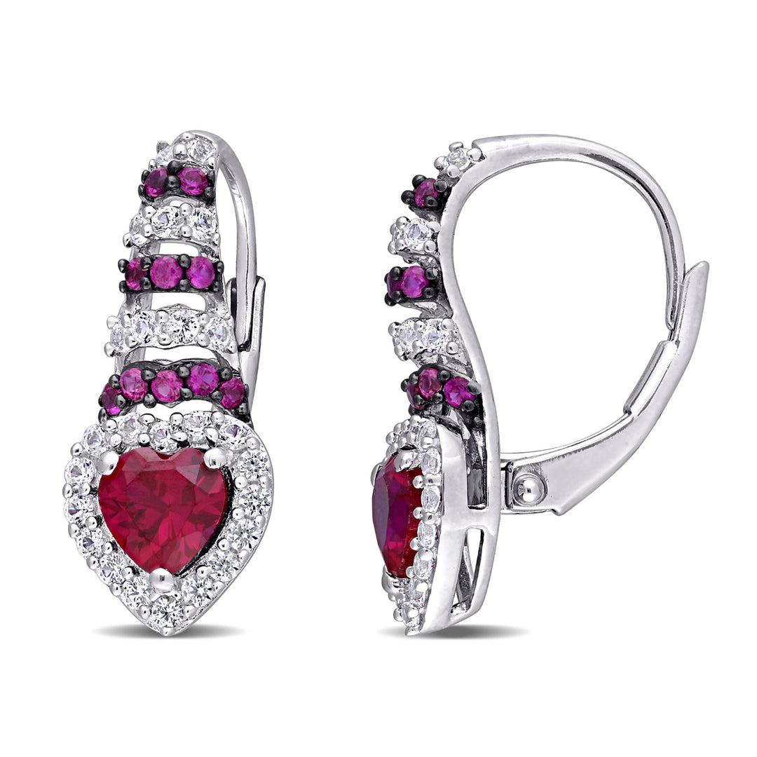 1.90 Carat (ctw) Lab Created Ruby and Created White Sapphire Heart Earrings in Sterling Silver Image 1