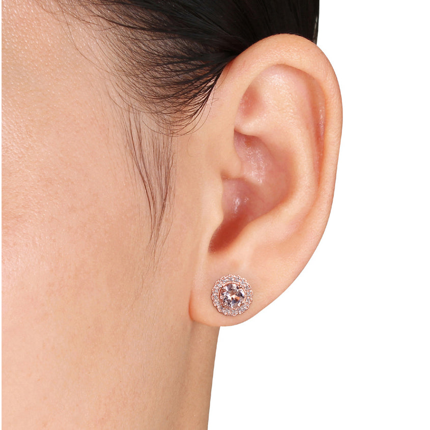 1.75 Carat (ctw) Morganite Stud Earrings with Diamonds 1/10 Carat (ctw) in Rose Sterling Silver Image 3