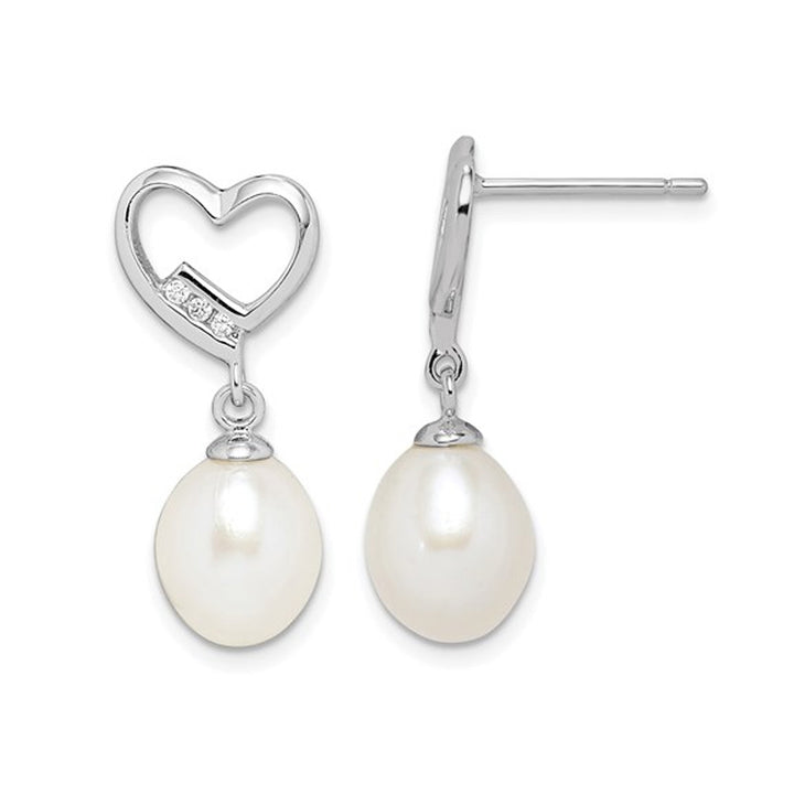 White Freshwater Cultured Pearl Heart Dangle Earrings in Sterling Silver with Cubic Zirconia (CZ)s Image 1