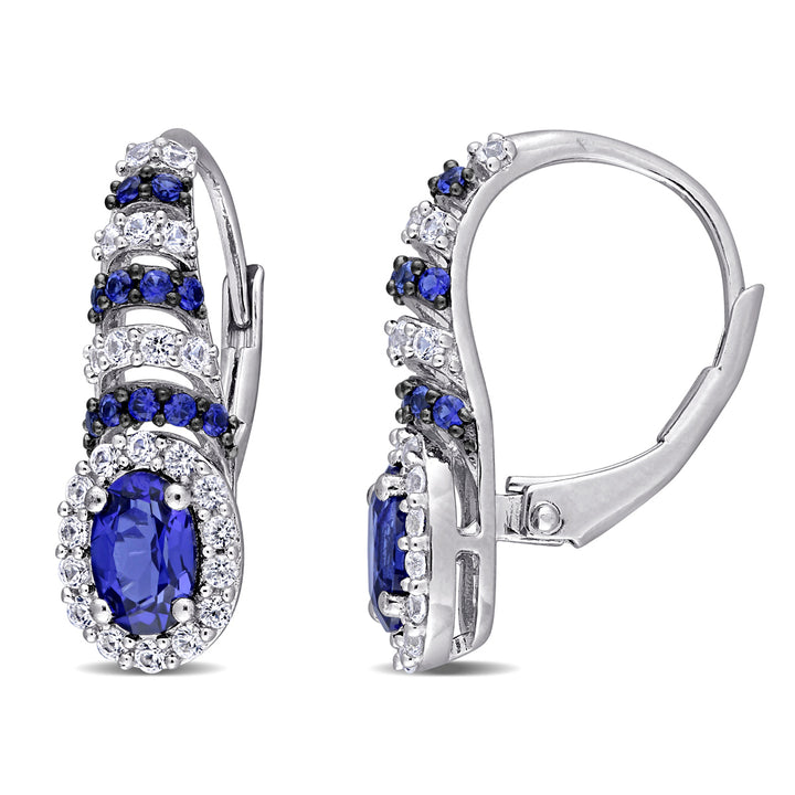 2.15 Carat (ctw) Lab Created Blue Sapphire and Created White Sapphire Heart Earrings in Sterling Silver Image 1