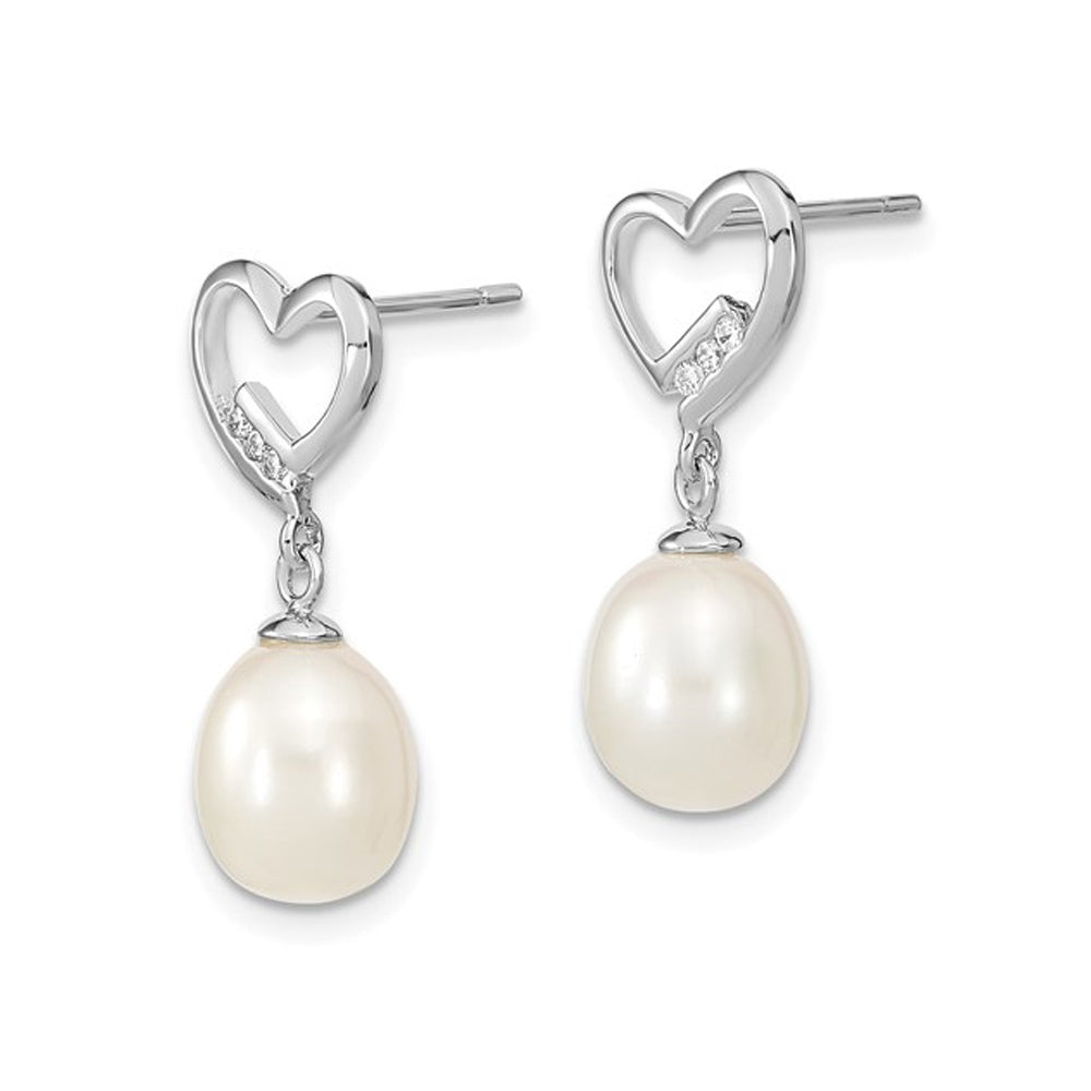 White Freshwater Cultured Pearl Heart Dangle Earrings in Sterling Silver with Cubic Zirconia (CZ)s Image 2