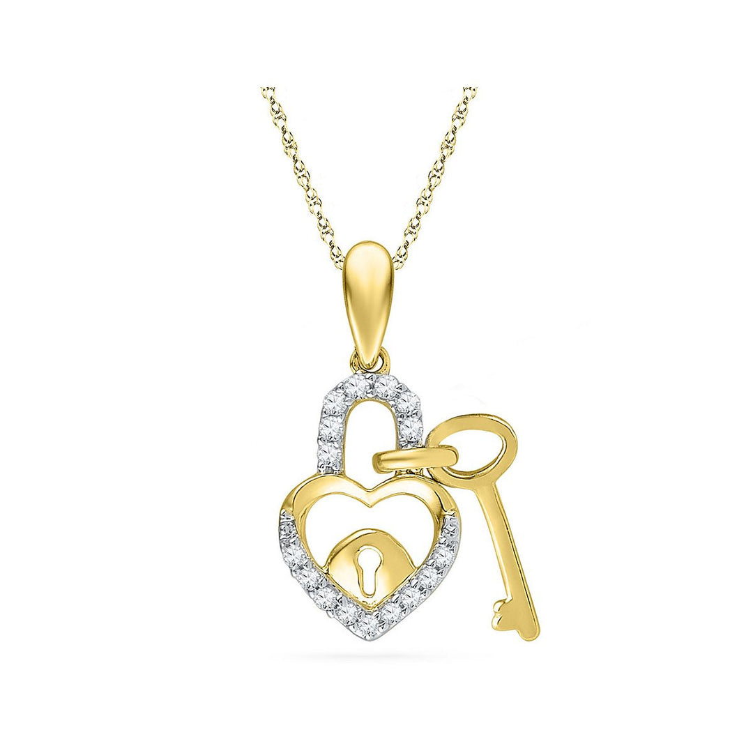 1/10 Carat (ctw I2-I3) Diamond Heart Lock Key Pendant Necklace in 10K Yellow Gold with Chain Image 1