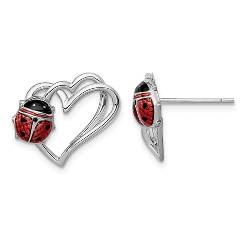 Sterling Silver Heart Earrings with Enameled Lady Bugs Image 1