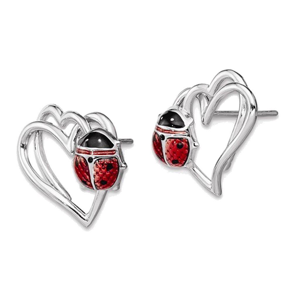 Sterling Silver Heart Earrings with Enameled Lady Bugs Image 2