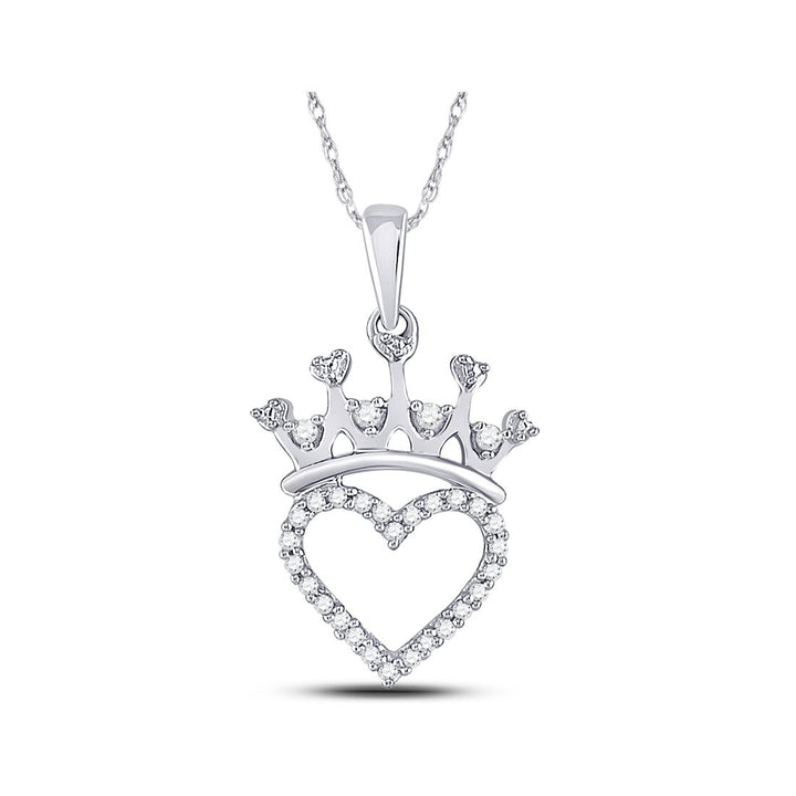 1/10 Carat (ctw) Crown Heart Charm Pendant Necklace in Sterling Silver with Chain Image 1