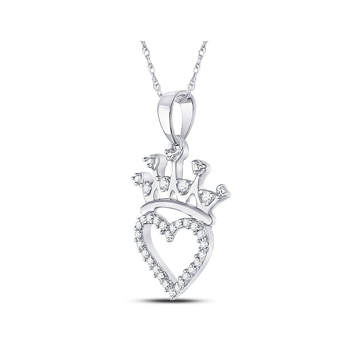 1/10 Carat (ctw) Crown Heart Charm Pendant Necklace in Sterling Silver with Chain Image 2