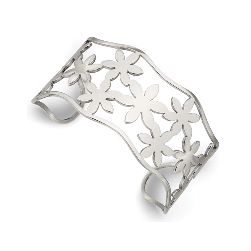 Stainless Steel Polished Flower Cuff Bangle Bracelet Image 1