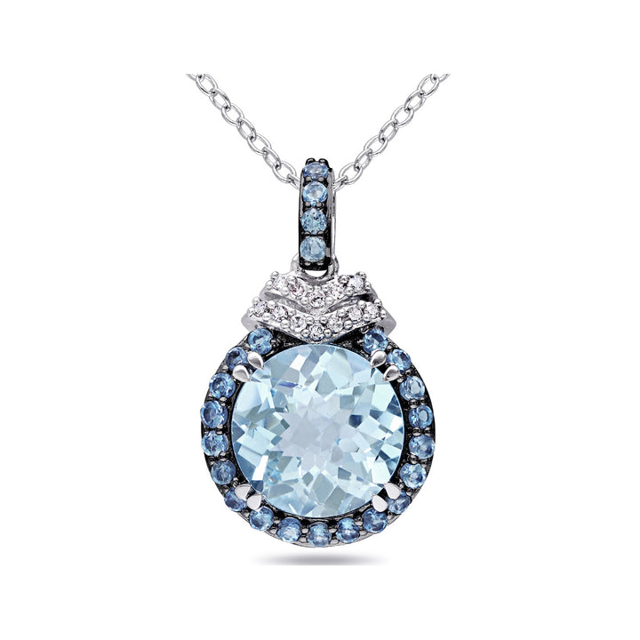 4.75 Carat (ctw) London Blue Topaz Halo Pendant Necklace in Sterling Silver with Chain and Accent Diamonds Image 1