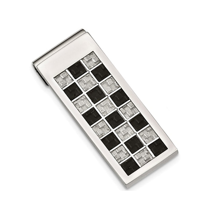 Mens Stainless Steel Black and Grey Carbon Fiber Inlay Money Clip Image 1