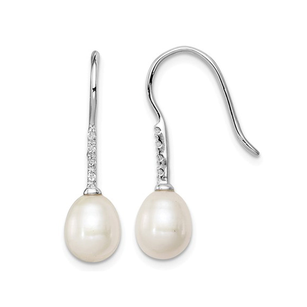 White Freshwater Cultured Pearl 7-8mm Dangle Earrings in Sterling Silver with Cubic Zirconia (CZ)s Image 1