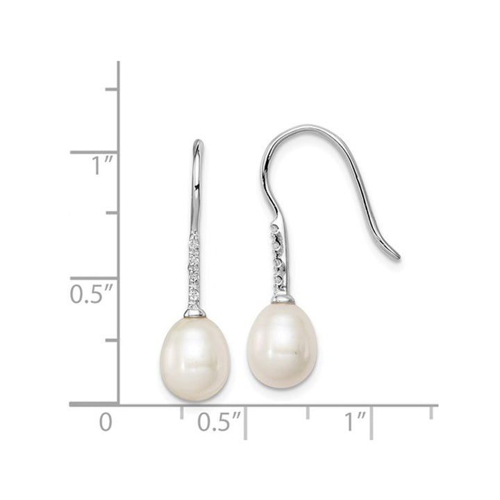 White Freshwater Cultured Pearl 7-8mm Dangle Earrings in Sterling Silver with Cubic Zirconia (CZ)s Image 2