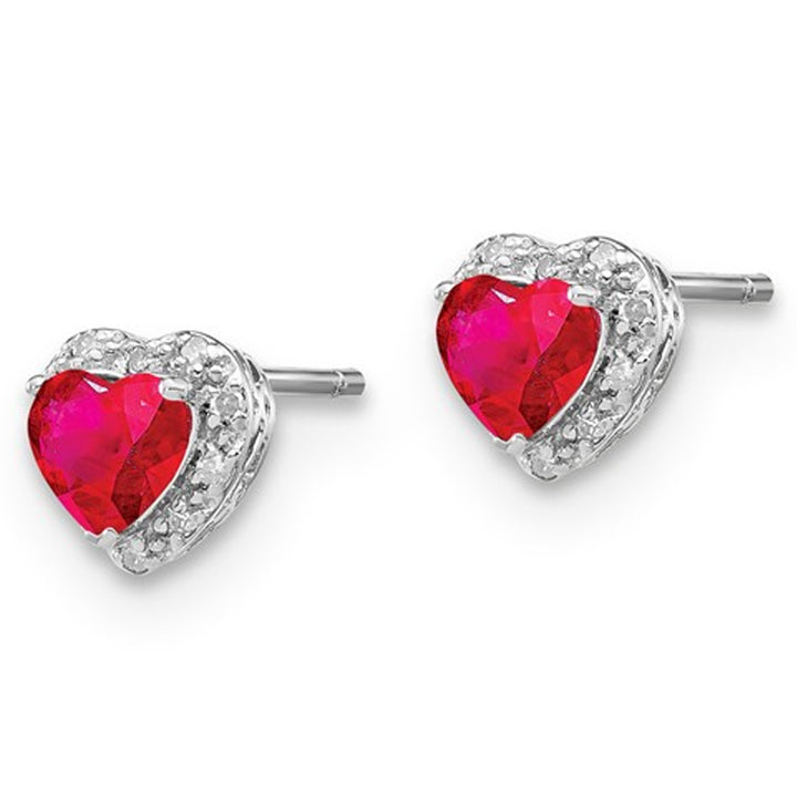 4/5 Carat (ctw) Lab Created Heart Ruby Stud Earrings in Sterling Silver with Accent Diamonds Image 2