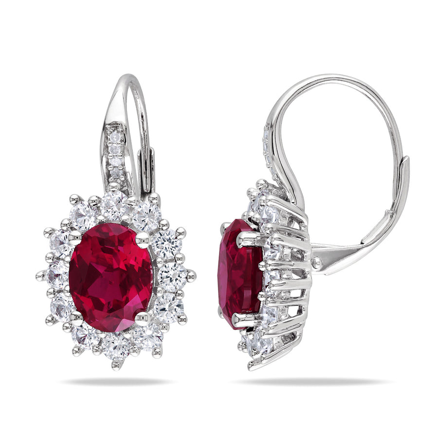 5.90 Carat (ctw) Lab Created Ruby Drop Earrings with Lab Created White Topaz in Sterling Silver Image 1