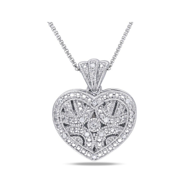 1/20 Carat (ctw) Accent Diamond Locket Heart Pendant In Sterling Silver with Chain Image 1