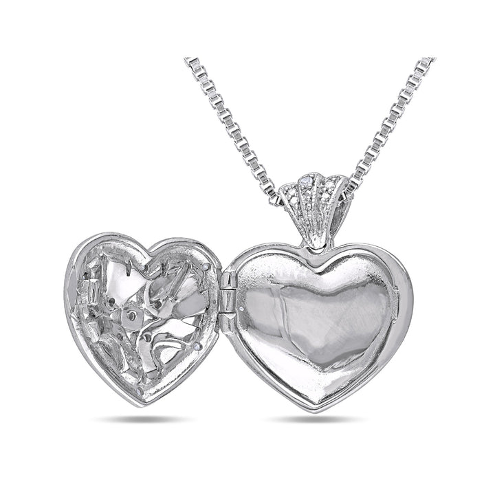 1/20 Carat (ctw) Accent Diamond Locket Heart Pendant In Sterling Silver with Chain Image 2