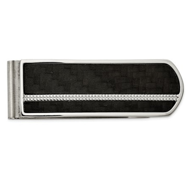 Mens Stainless Steel Brushed and Polished Black Carbon Fiber Money Clip Image 1