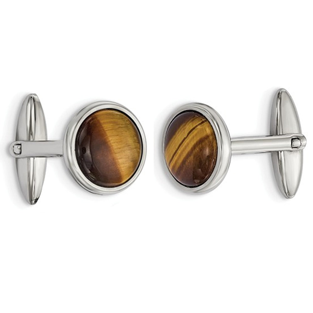 Mens Brown Tigers Eye Cuff Links in Stainless Steel Image 1