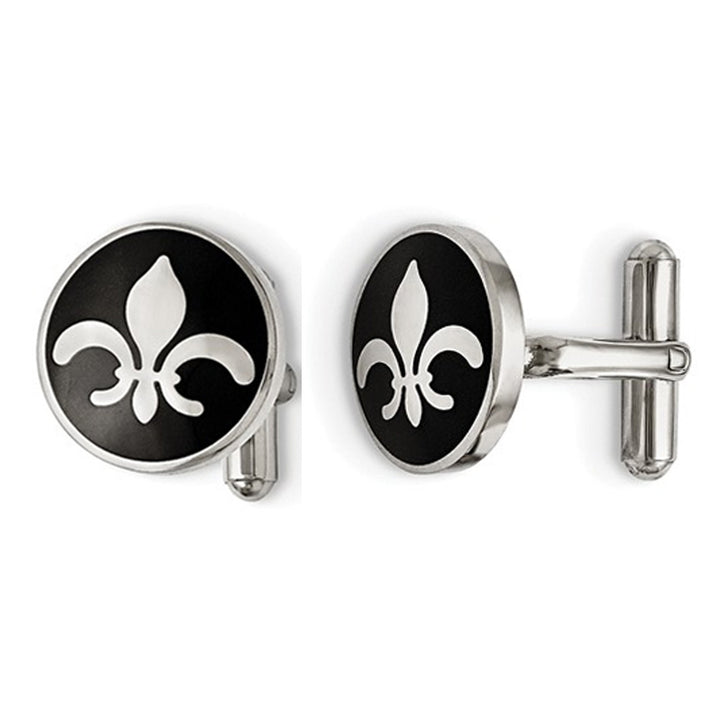 Mens Black Enameled Fleur De Lys Cuff Links in Stainless Steel Image 1