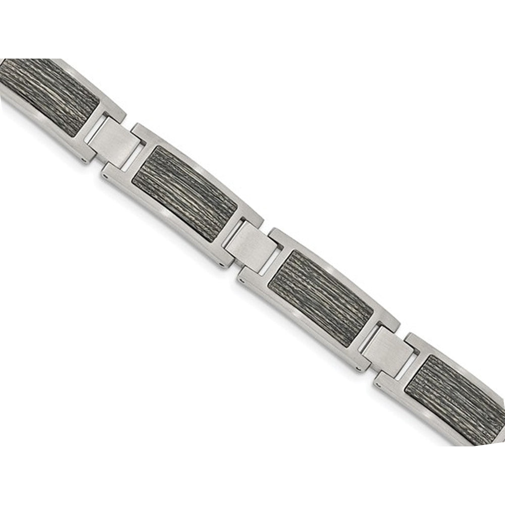 Mens Stainless Steel With Gray Wood Inlay Link Bracelet (8.75 Inch) Image 2