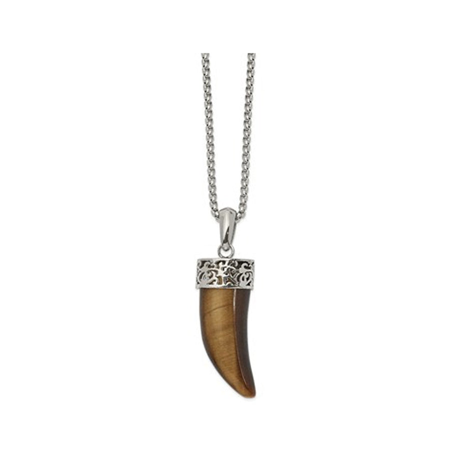 Mens Tigers Eye Horn Pendant Necklace in Stainless Steel with Chain Image 1