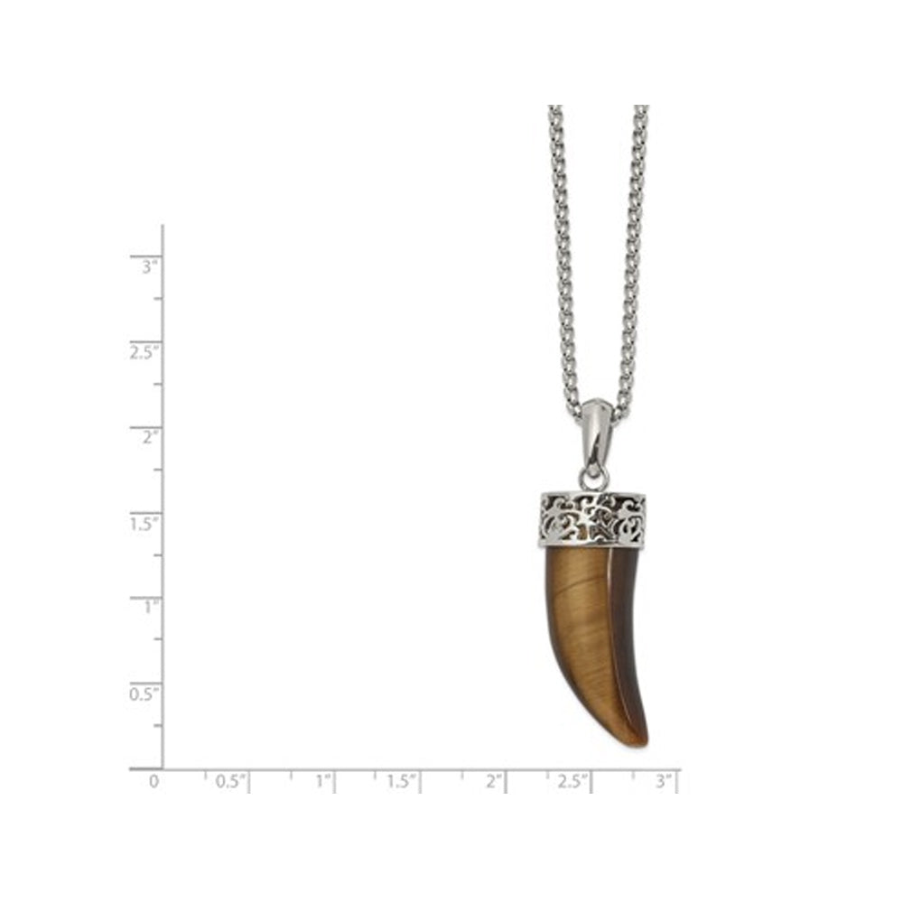 Mens Tigers Eye Horn Pendant Necklace in Stainless Steel with Chain Image 2