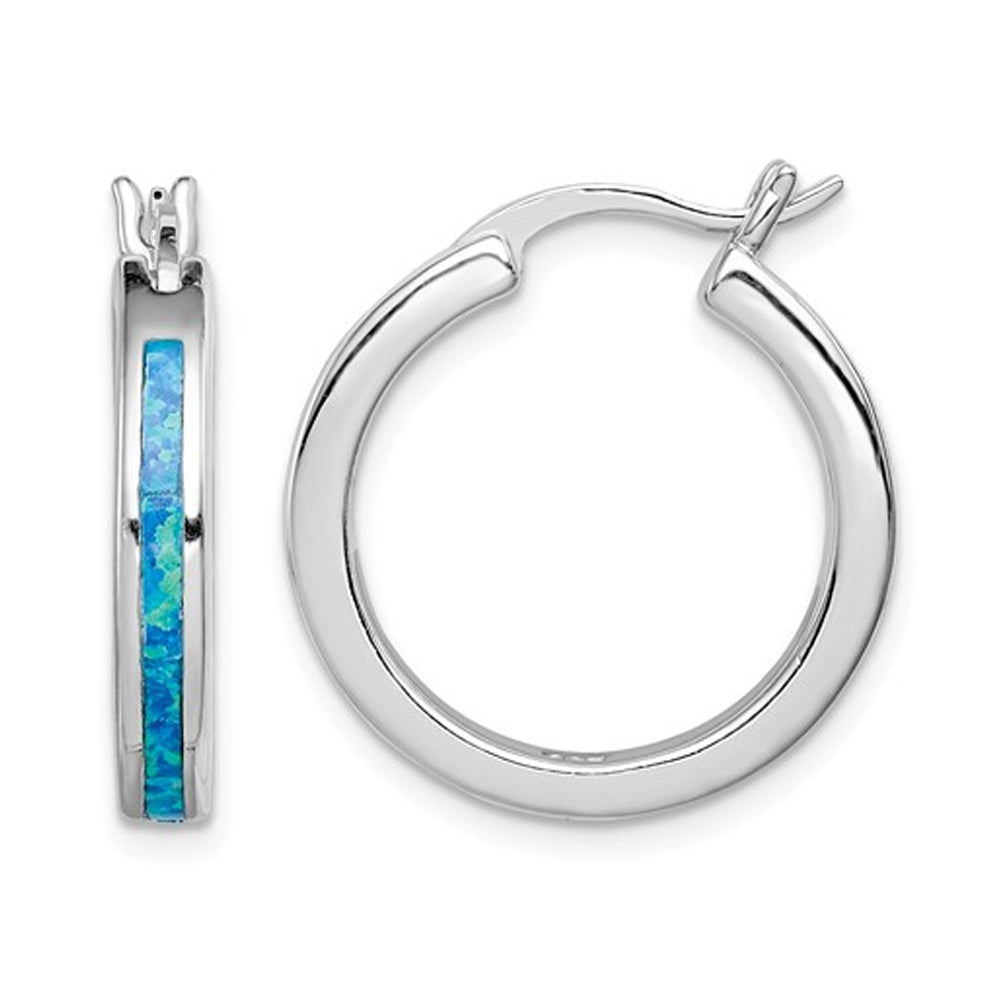 Synthetic Blue Opal Inlay Hoop Earrings in Sterling Silver Image 1