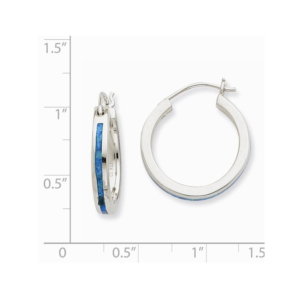 Synthetic Blue Opal Inlay Hoop Earrings in Sterling Silver Image 2