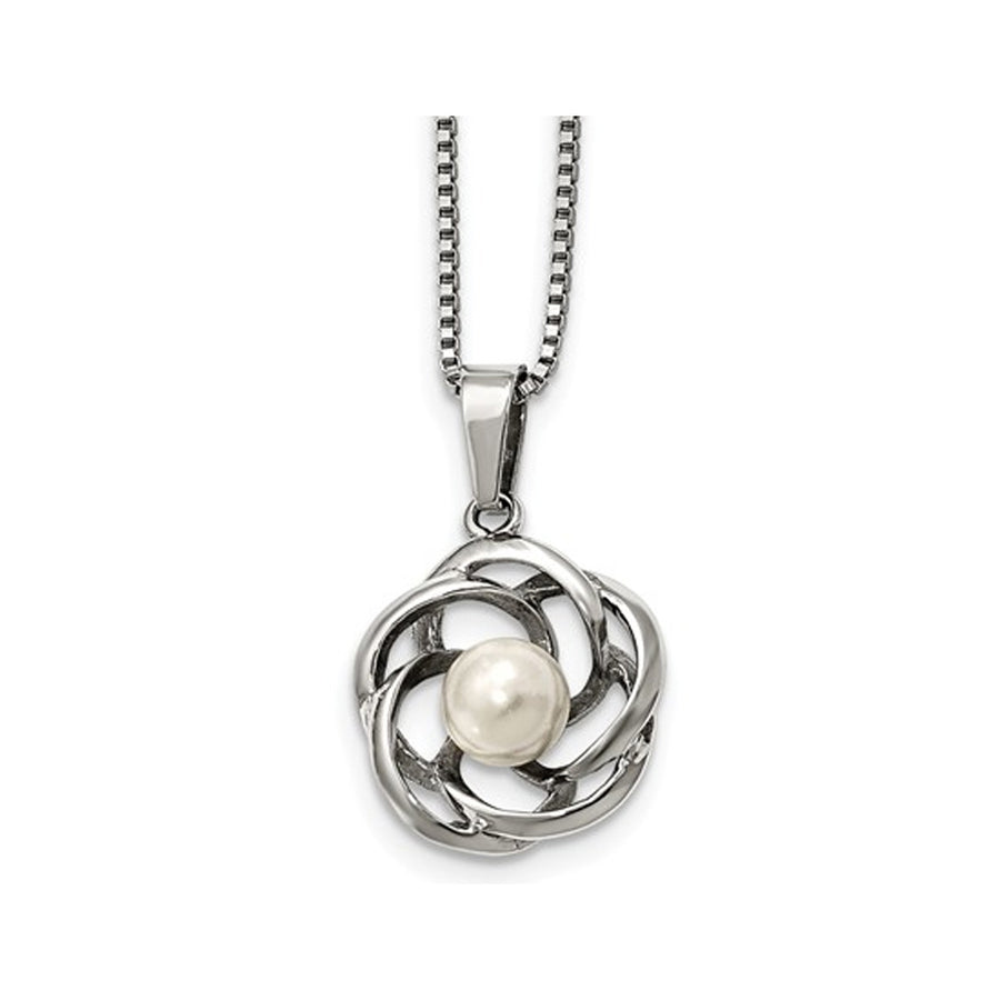 Solitaire White Cultured Freshwater Pearl Pendant Necklace in Stainless Steel Image 1