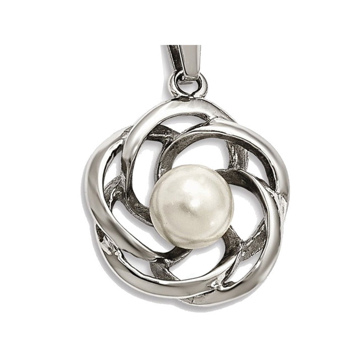 Solitaire White Cultured Freshwater Pearl Pendant Necklace in Stainless Steel Image 3