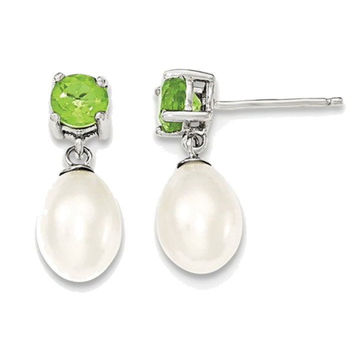 Sterling Silver Freshwater Cultured White Pearl 7-8mm Drop Earrings with Green Peridots Image 1