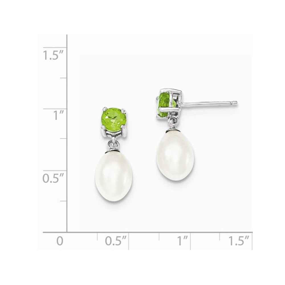 Sterling Silver Freshwater Cultured White Pearl 7-8mm Drop Earrings with Green Peridots Image 2