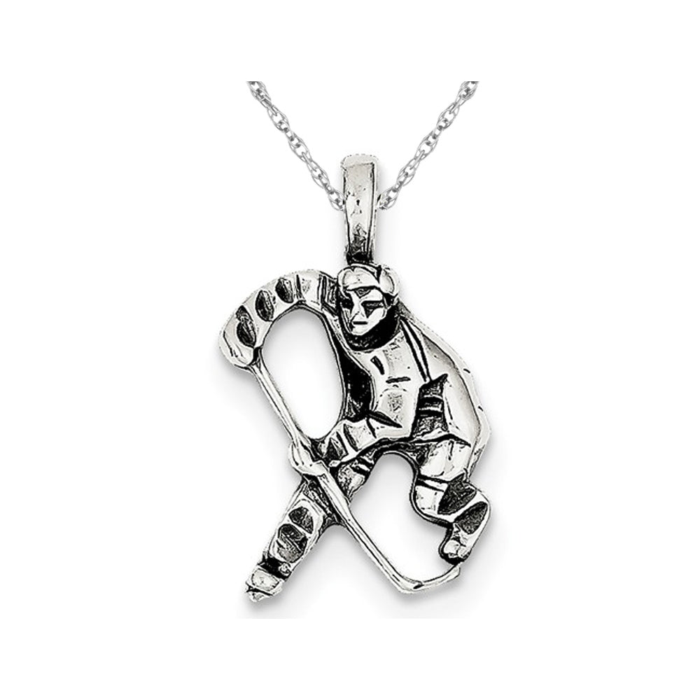 Sterling Silver Antiqued Hockey Player Pendant Necklace with Chain Image 1