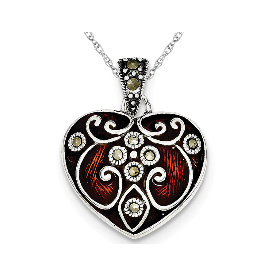 Red Enamel and Marcasite Heart Pendant Necklace in Sterling Silver Image 1