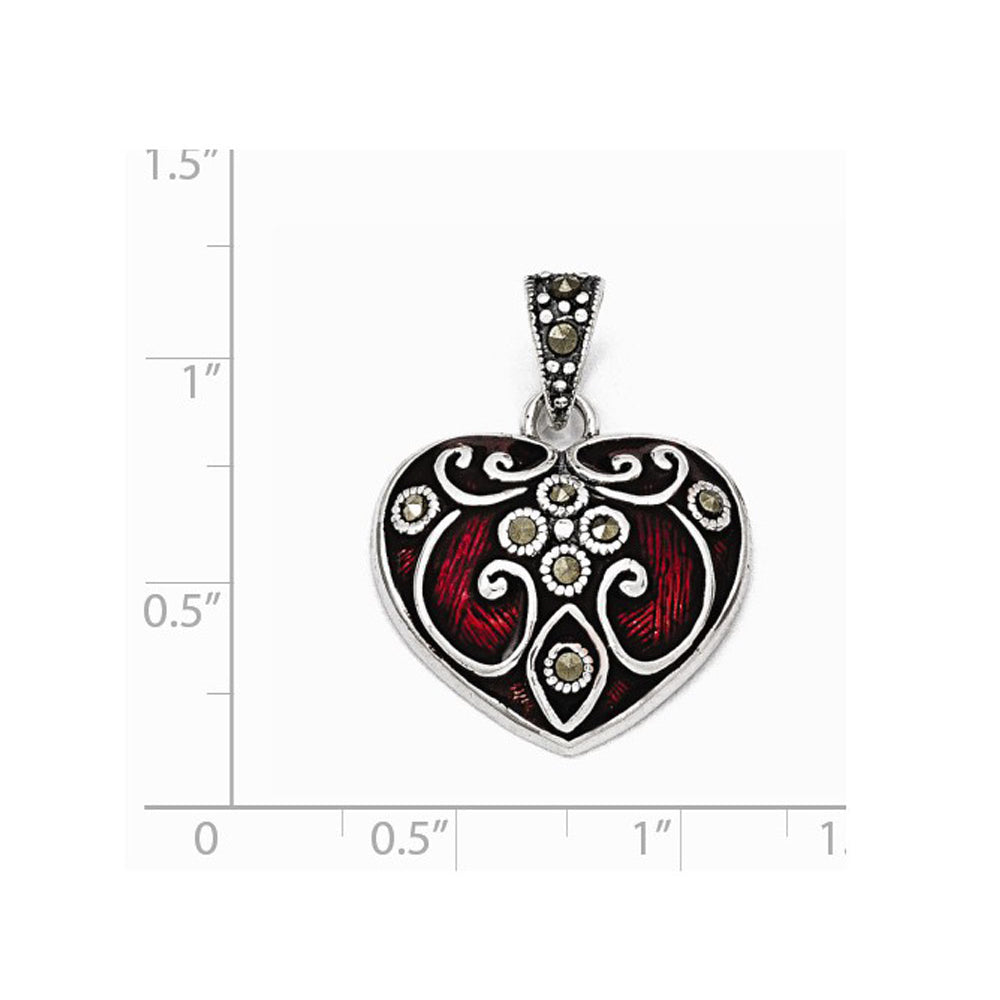 Red Enamel and Marcasite Heart Pendant Necklace in Sterling Silver Image 2