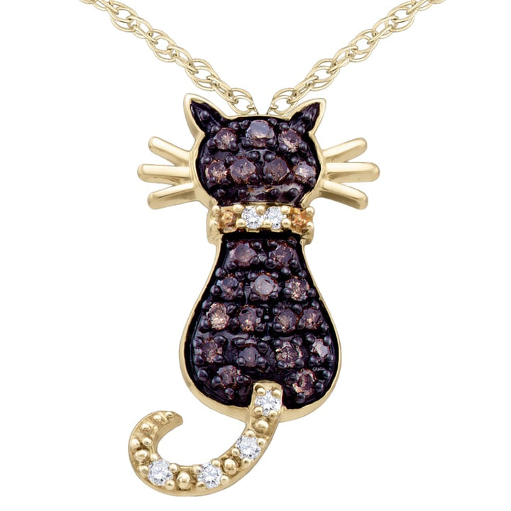 White and Champagne Diamond Cat Pendant Necklace 1/3 Carat (ctw) in 10K Yellow Gold with Chain Image 1